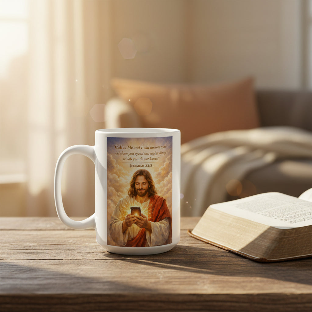 A white ceramic mug featuring a printed graphic of Jesus holding a glowing book, with the Bible verse Jeremiah 33:3 above him, shown on a clean white background.