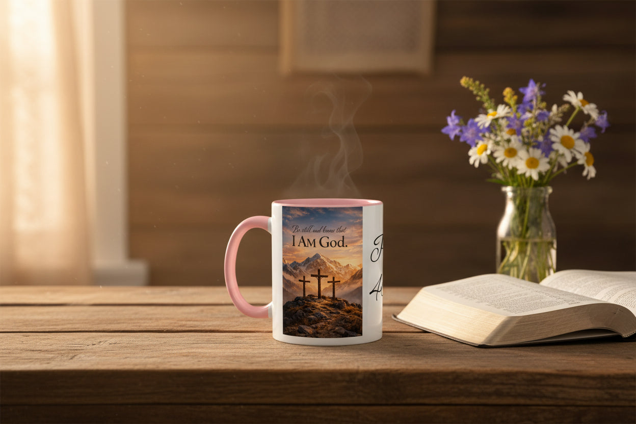 A white ceramic coffee mug with a pink handle and interior, featuring a printed graphic of the Three Crosses on a mountain peak at sunset with the text 'Be still and know that I Am God.'.