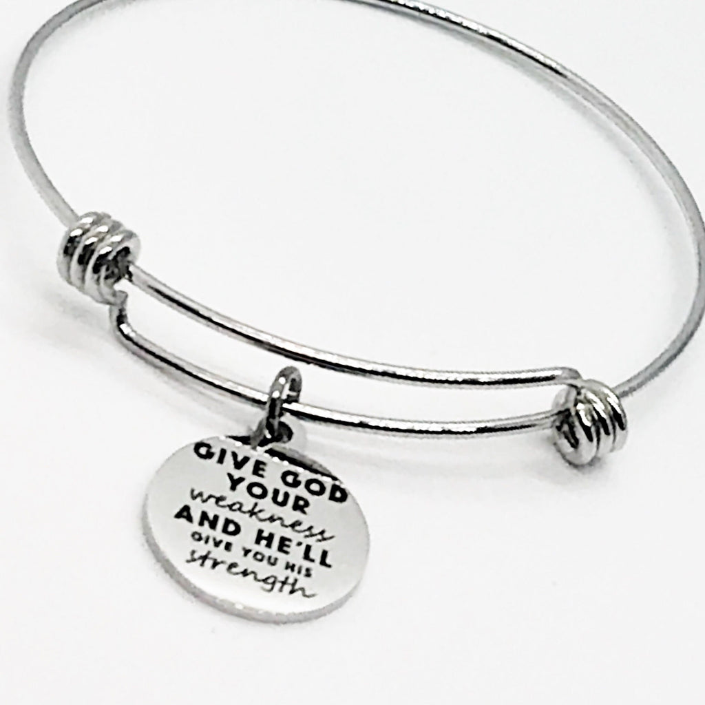 Christian Charm, Give God Your Weakness And He’ll Give You His Strength Bracelet, Christian Jewelry, Christian Gift, Bible Verse Charm
