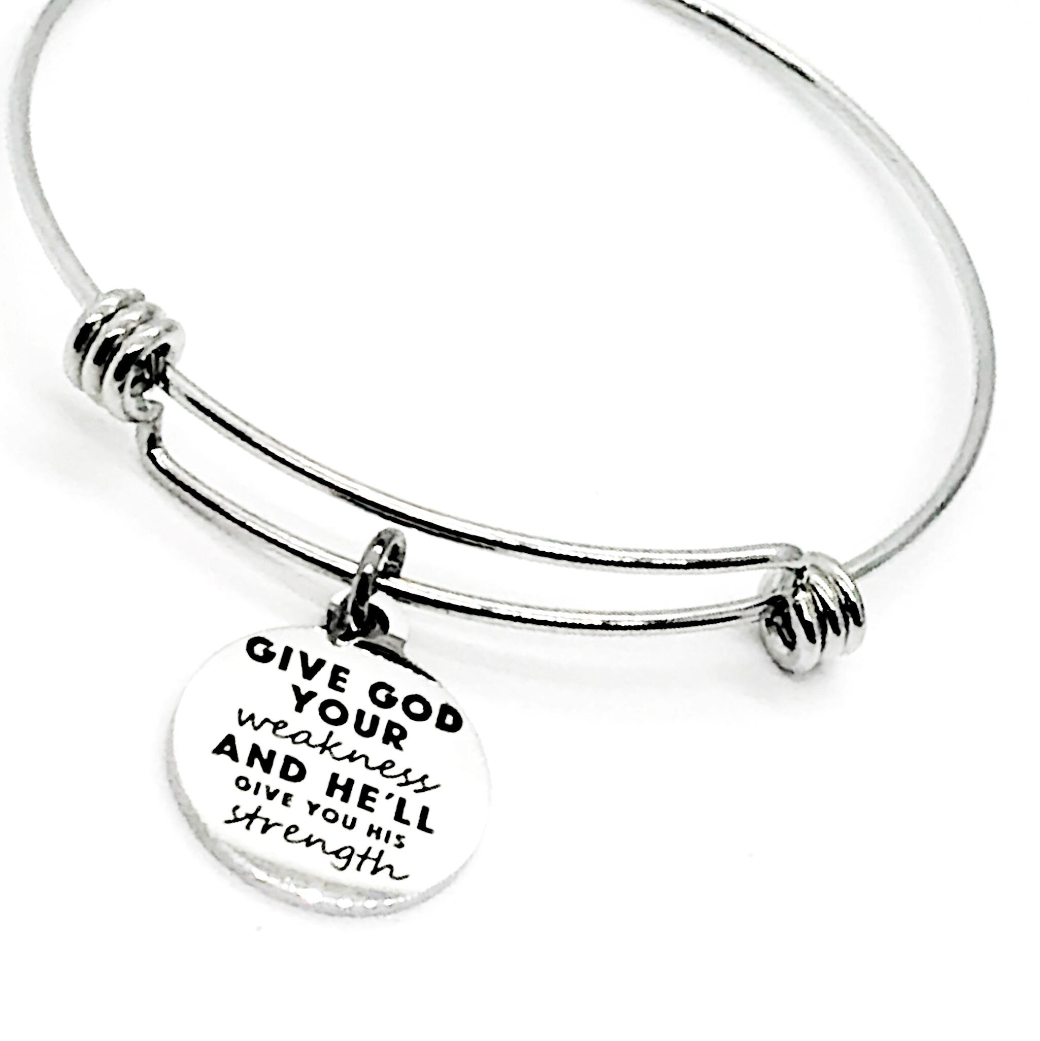 Christian Charm, Give God Your Weakness And He’ll Give You His Strength Bracelet, Christian Jewelry, Christian Gift, Bible Verse Charm