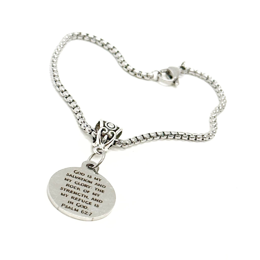 Psalm 62:7 God Is My Salvation Charm Bracelet – Christian Scripture Jewelry Gift JKCE Designs